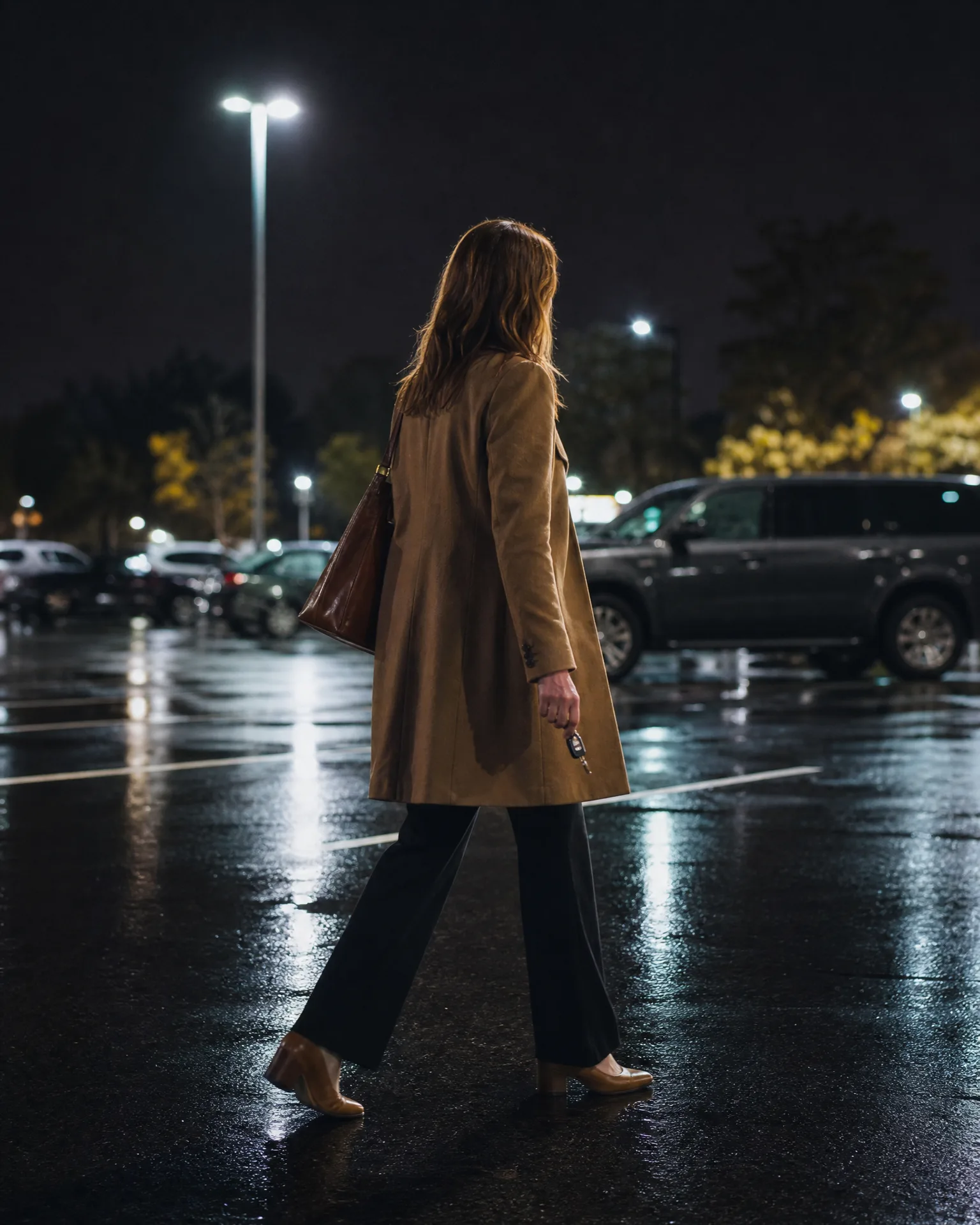 A woman in a tan coat, dark wide-leg trousers and heeled boots walks across a wet parking lot at night, carrying a brown shoulder bag and keys, with parked cars and a lit lamp post behind her.