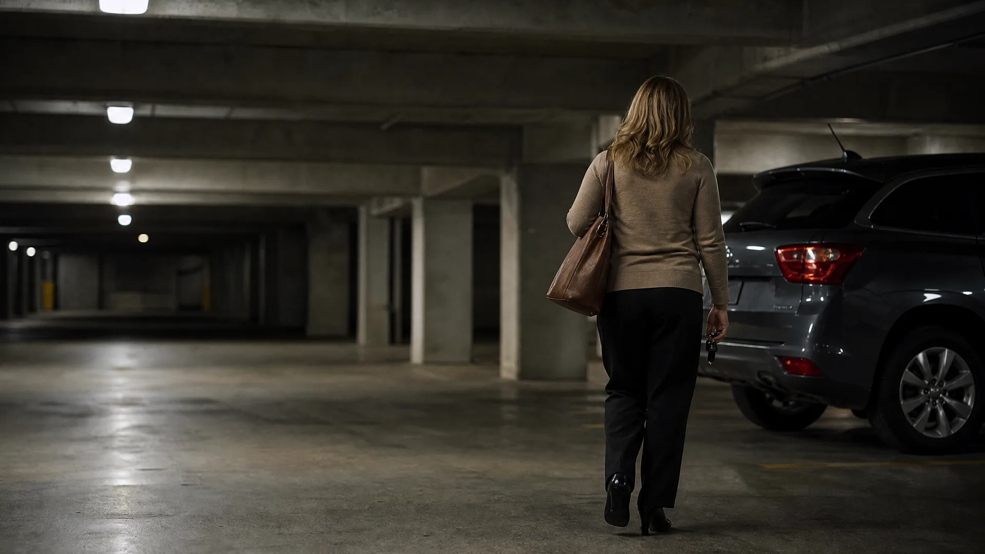 A woman with blonde hair, wearing a beige sweater, black trousers and a brown shoulder bag, walks away from the camera toward a parked gray SUV in a dimly lit concrete parking garage.
